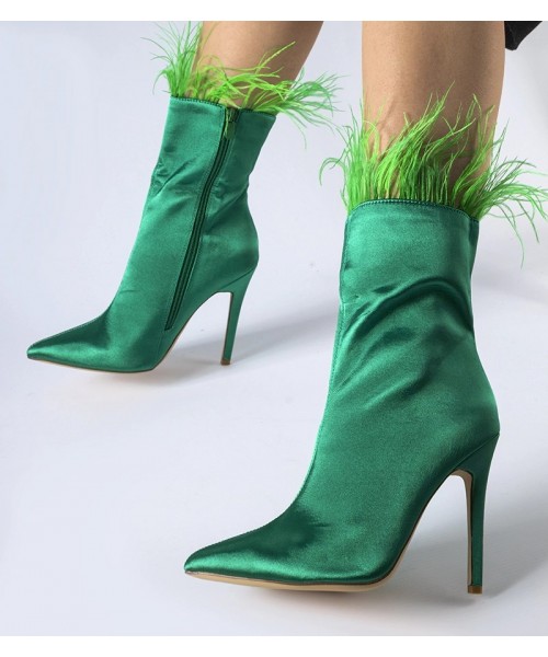 Moteriški žaliai žalios spalvos batai su kulnu iš atlaso plunksnų "Selvena