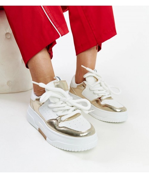 Balti-Auksiniai Sneakers Stiliaus Ant Aukštos platformos Farkas Balti-Auksiniai Sneakers Stiliaus Ant Aukštos platformos Farkas