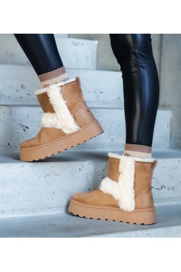 Tamsiai smėlio spalvos platforminiai sniego batai, puošti kailiu Peters