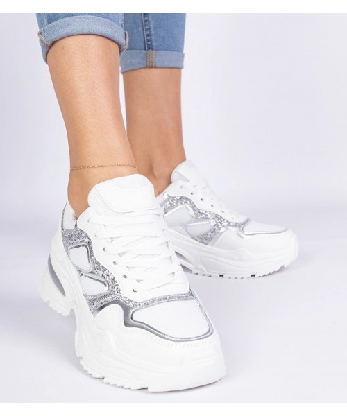 Balti Sneakers Stiliaus Moteriški papuošti Blizgučiais Sandoria Balti Sneakers Stiliaus Moteriški papuošti Blizgučiais Sandoria