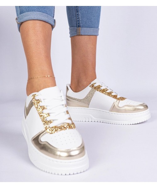 Auksiniai moteriški sportbačiai ant grubaus pado, dekoruoti blizgučiais Dolla