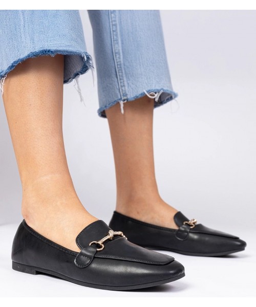 Juodi elegantiški mokasinai su aukso puošmenomis ir cirkonais Kalisa