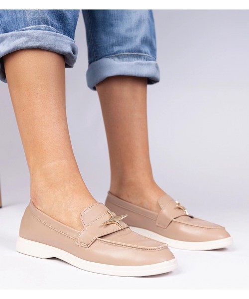 Tamsiai smėlio spalvos moteriški mokasinai su aukso puošyba Senna