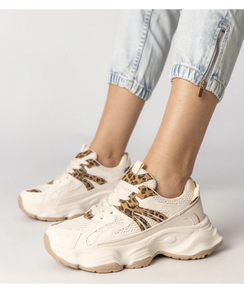 Smėlio Spalvos Sneakers Stiliaus Moteriški Sportinio stiliaus Su panterkową Intarpais Sandra Smėlio Spalvos Sneakers Stiliaus Moteriški Sportinio stiliaus Su panterkową Intarpais Sandra