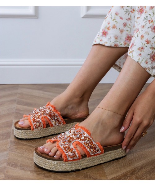 Oranžinės Spalvos Šlepetės espadryle Su Cirkoniais i kamykami Najros Oranžinės Spalvos Šlepetės espadryle Su Cirkoniais i kamykami Najros