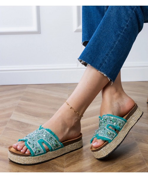 Žalios spalvos Šlepetės espadryle Su Cirkoniais i kamykami Najros