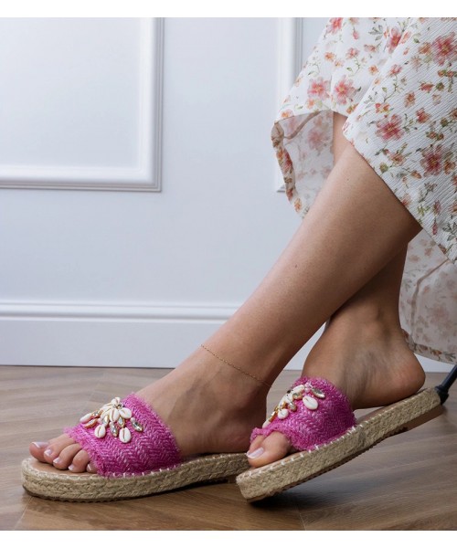 Rožinės pintos espadrilės šlepetės su kriauklėmis