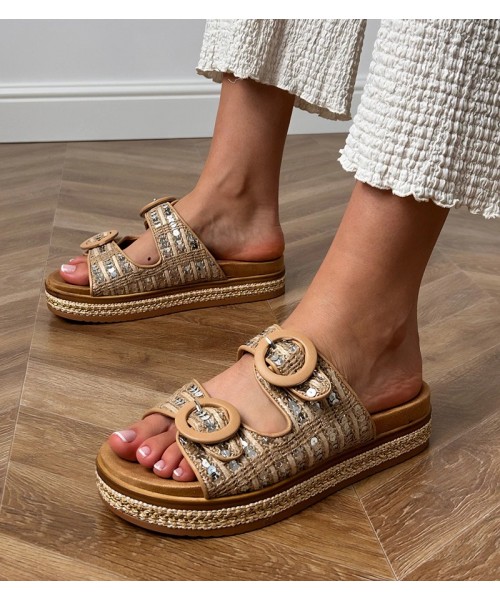 Smėlio spalvos pintos šlepetės su blizgančiais dirželiais Lanora