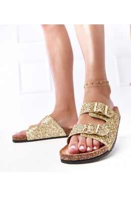 Auksinės blizgančios šlepetės ant kamštinio pado "Flotila