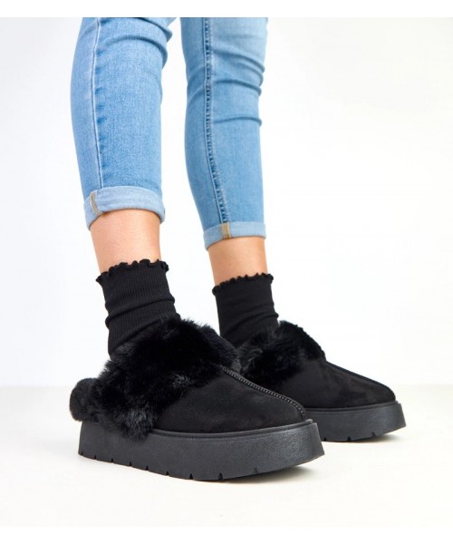 Juodi trumpi dirbtinio kailio apšiltinti sniego batai su elastine medžiaga Eija