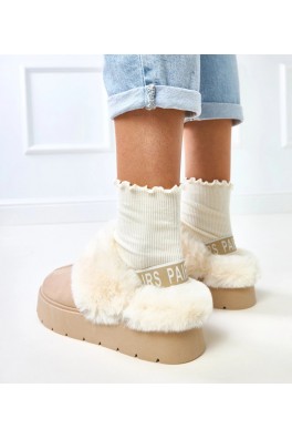 Smėlio spalvos dirbtiniu kailiu apšiltinti trumpi sniego batai su elastine guma Eija
