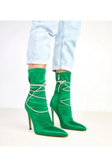 Žali atlasiniai batai su kulnu, puošti cirkonais Tolnai