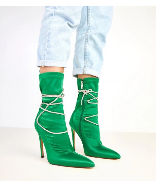 Žali atlasiniai batai su kulnu, puošti cirkonais Tolnai