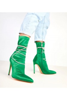 Žali atlasiniai batai su kulnu, puošti cirkonais Tolnai