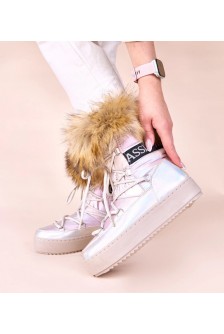 Sidabriniai sniego batai su rausvu švytėjimu, surišti kailiu Alison