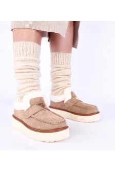 Tamsiai smėlio spalvos mokasinai su kailiu Loafy