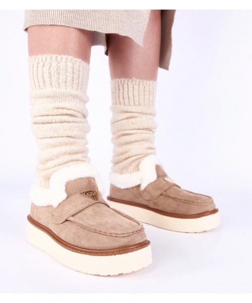 Tamsiai smėlio spalvos mokasinai su kailiu Loafy