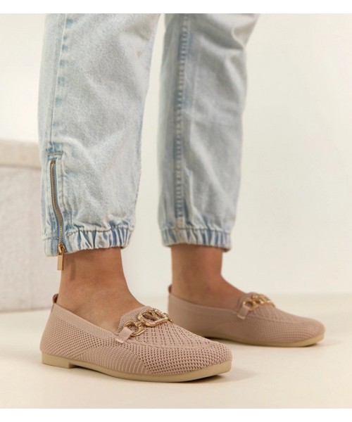 Rožinės spalvos medžiaginiai mokasinai su aukso puošyba Bianca