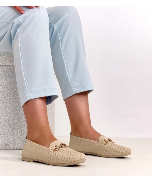 Smėlio spalvos medžiaginiai mokasinai su auksiniu ornamentu Mathilde